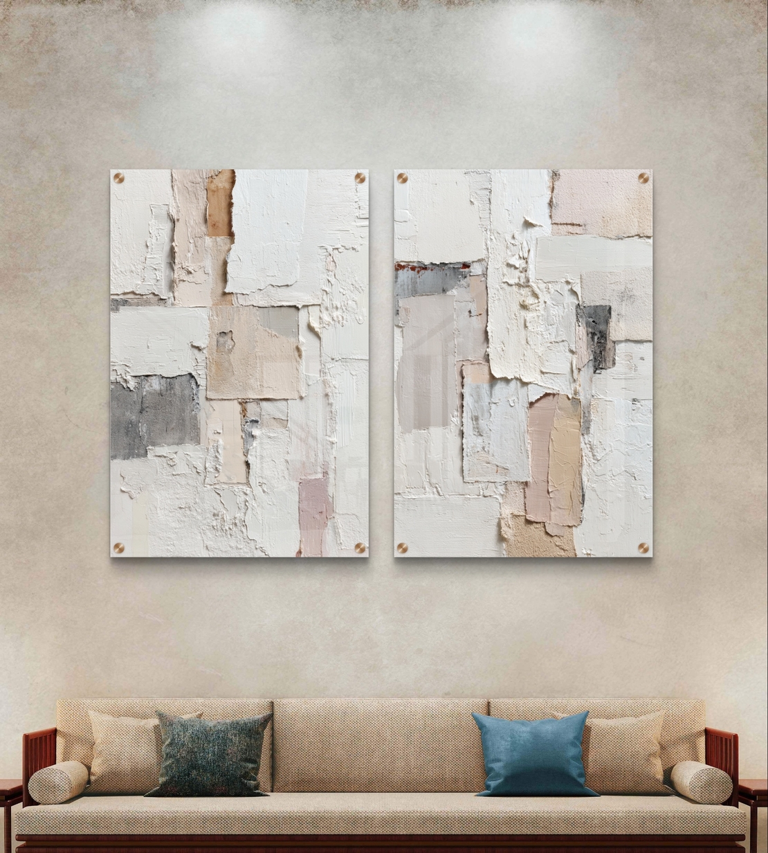 תמונת זכוכית זוגית אבסטרקטית בגווני שמנת ואבן בהדפסה חלקה ומינימליסטית