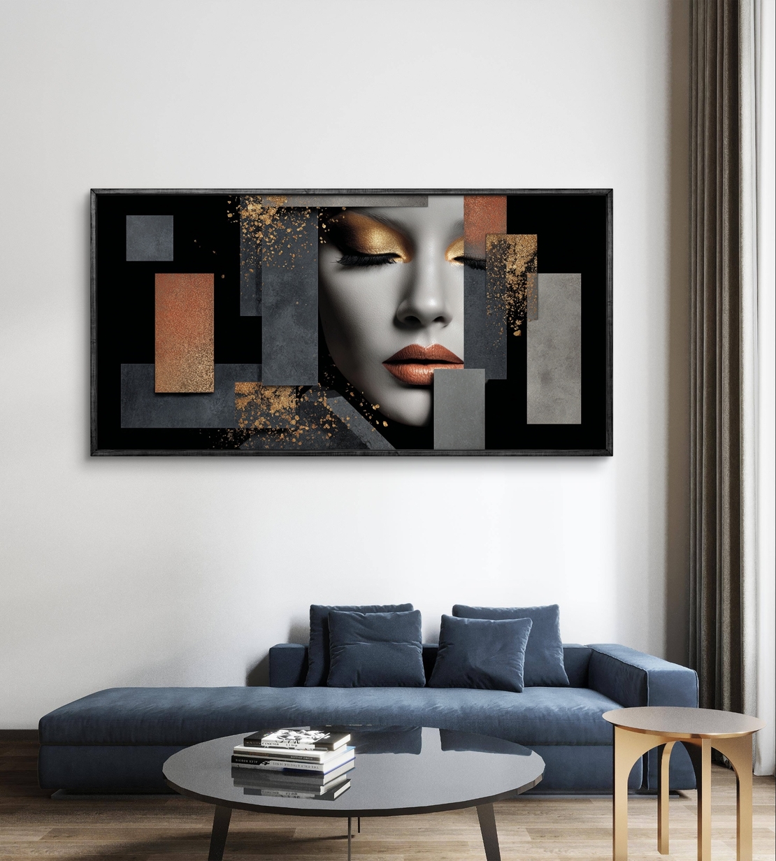 תמונת קנבס עם דיוקן נשי בשחור־אפור ואלמנטים גיאומטריים בגווני נחושת וזהב, בהדפסה חלקה ללא תבליט.