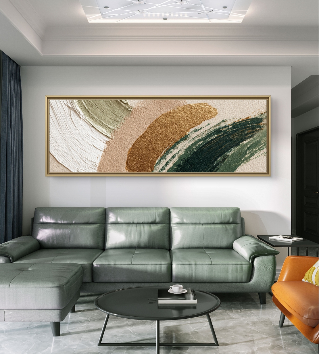 קשתות חול וזית – תמונת קנבס פנורמית אבסטרקטית בטקסטורת מכחול בגווני ירוק, בז׳ וזהב | CT4674