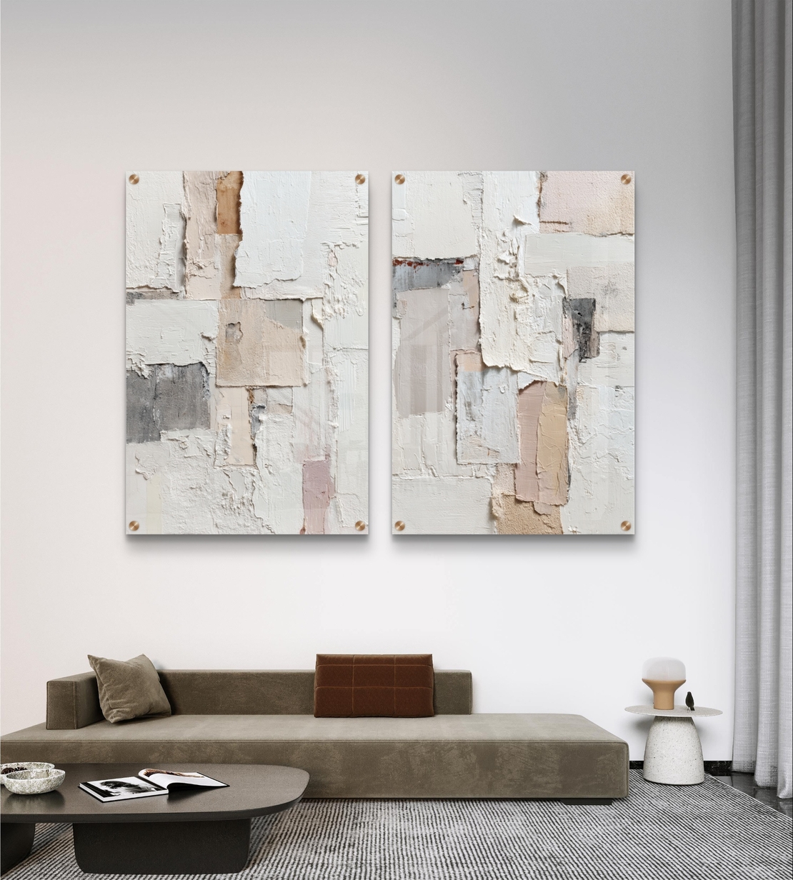 תמונת זכוכית זוגית אבסטרקטית בגווני שמנת ואבן בהדפסה חלקה ומינימליסטית