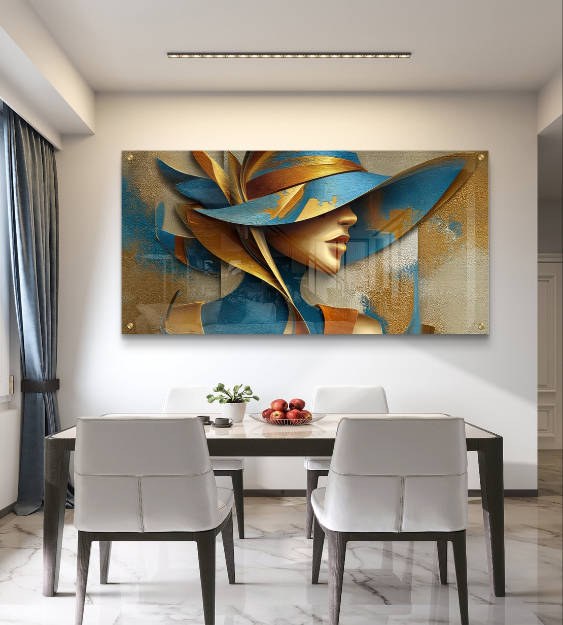 הדפסה על זכוכית של אישה אלגנטית עם טקסטורות כחול-טורקיז וזהב מטאלי, מראה גלריה מודרני