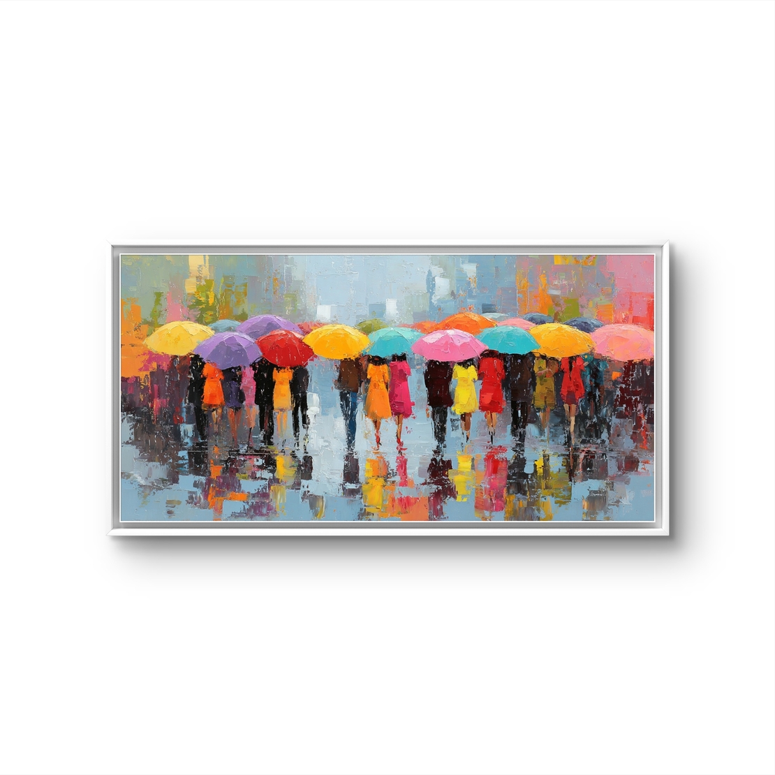 תמונת קנבס לרוחב עם אנשים תחת מטריות צבעוניות בגשם – תכשיט לבית