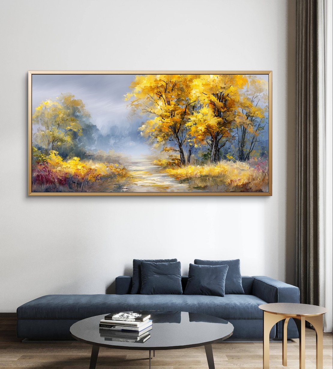 תמונת קנבס של שביל סתיו עם עצים זהובים ורקע טבעי רך