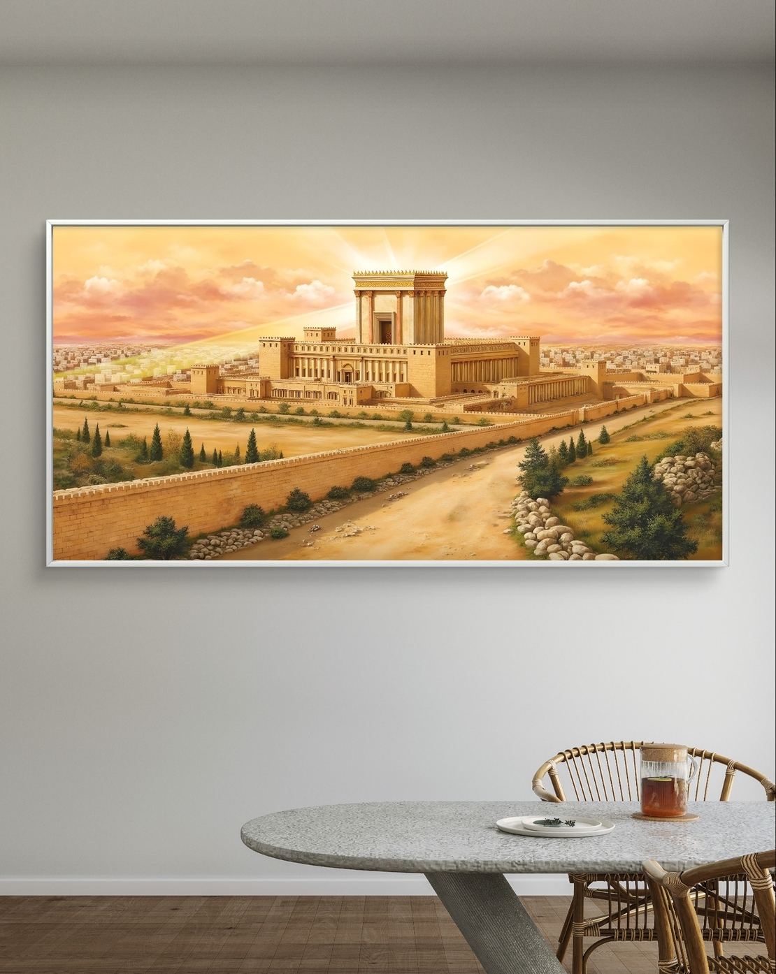 תמונת קנבס לרוחב המציגה את בית המקדש המפואר עם חומות עתיקות, עצים ירוקים ורקע שמיים בגווני ורוד-כתום.
