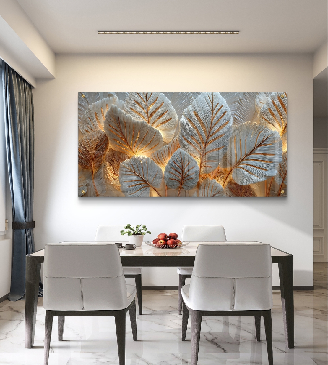 עלי זהב ולבן על זכוכית – תמונת זכוכית יוקרתית למשרד ולסלון | GX4175