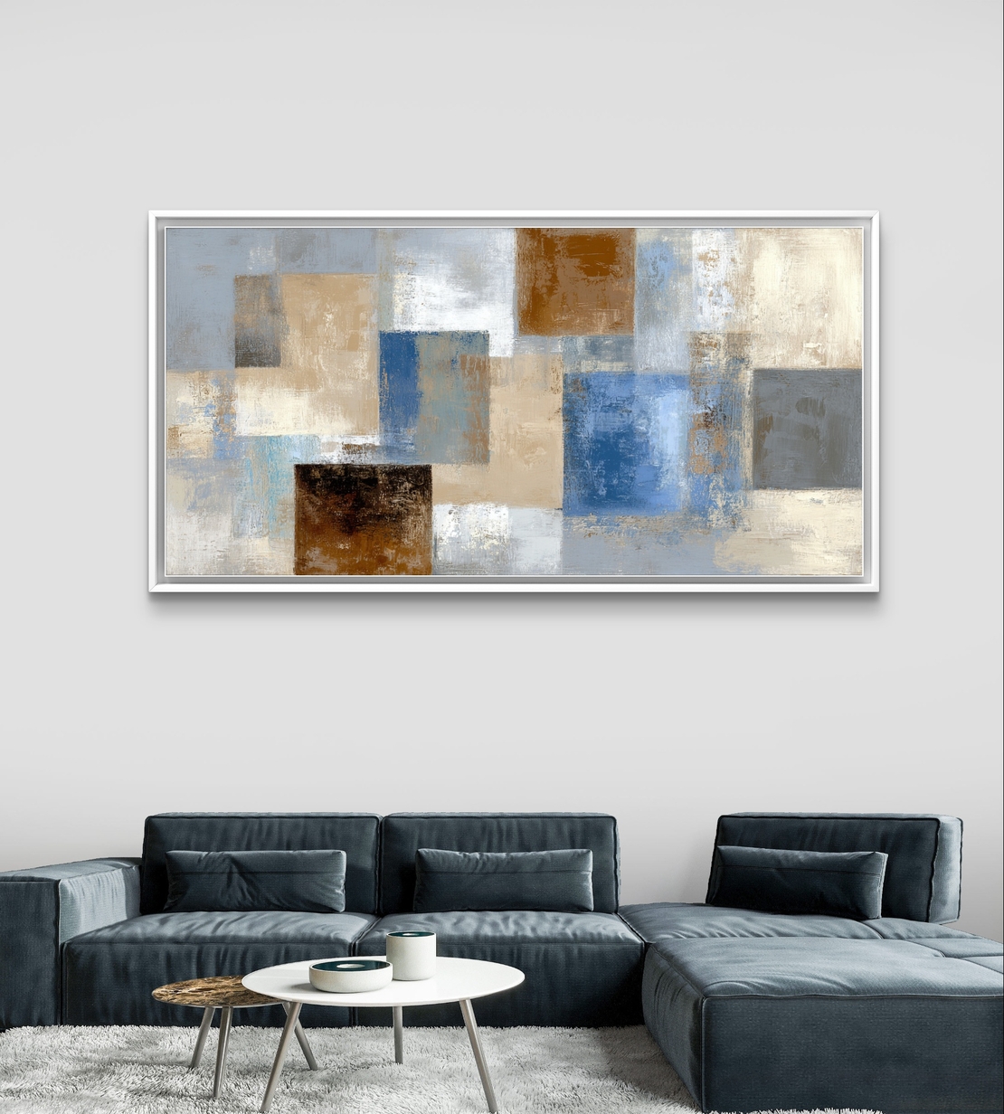 תמונת קנבס לסלון אבסטרקט גיאומטרי בגווני כחול, שמנת, אפור וקרמל, פורמט רוחבי