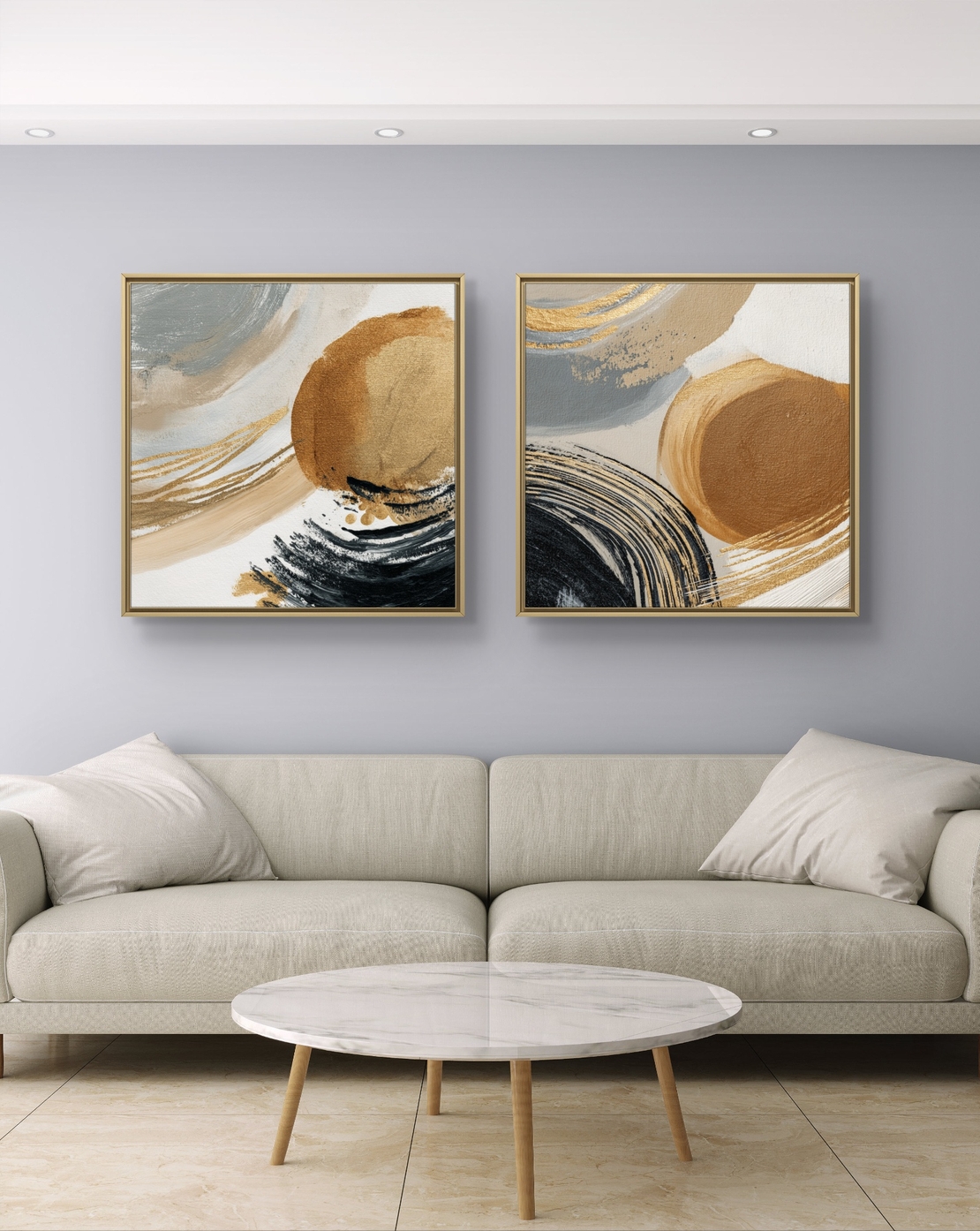 זוג תמונות קנבס מרובעות בסגנון מופשט עם מעגלים וקווים בגווני זהב, שחור ובז’ בעיצוב מודרני ויוקרתי