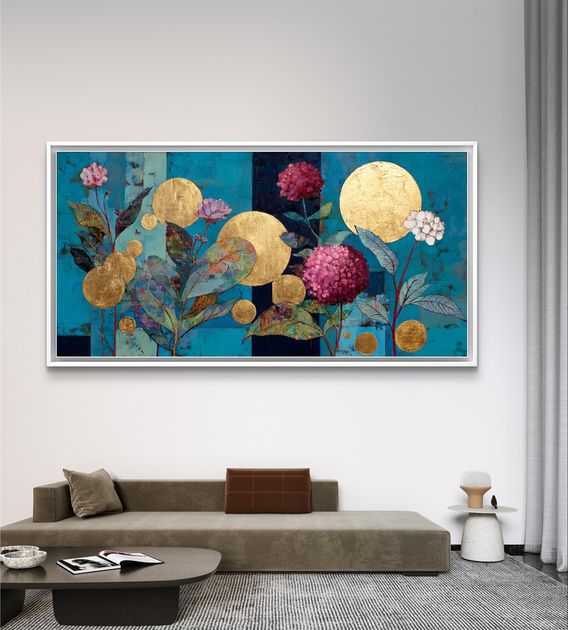 גן הזהב הבוטני – תמונת קנבס פרחים וזהב על רקע טורקיז | CY4512