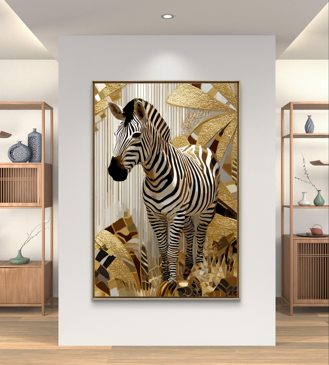 ציור זברה עם אלמנטים זהב מודרני על קנבס