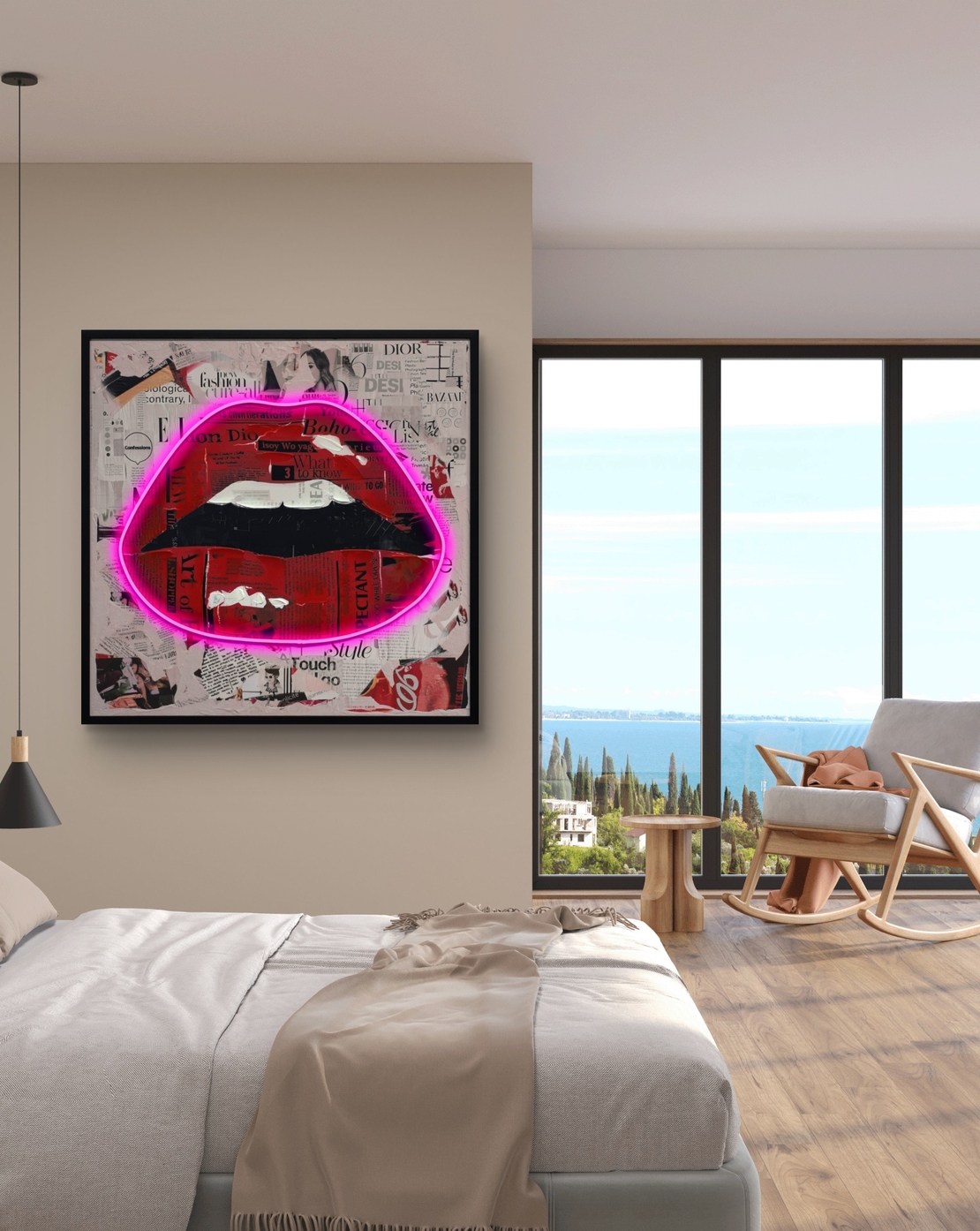 תמונת שפתיים ניאון ורוד – אמנות LED על סוללות עם שלט רחוק--מידה 83*83 ס