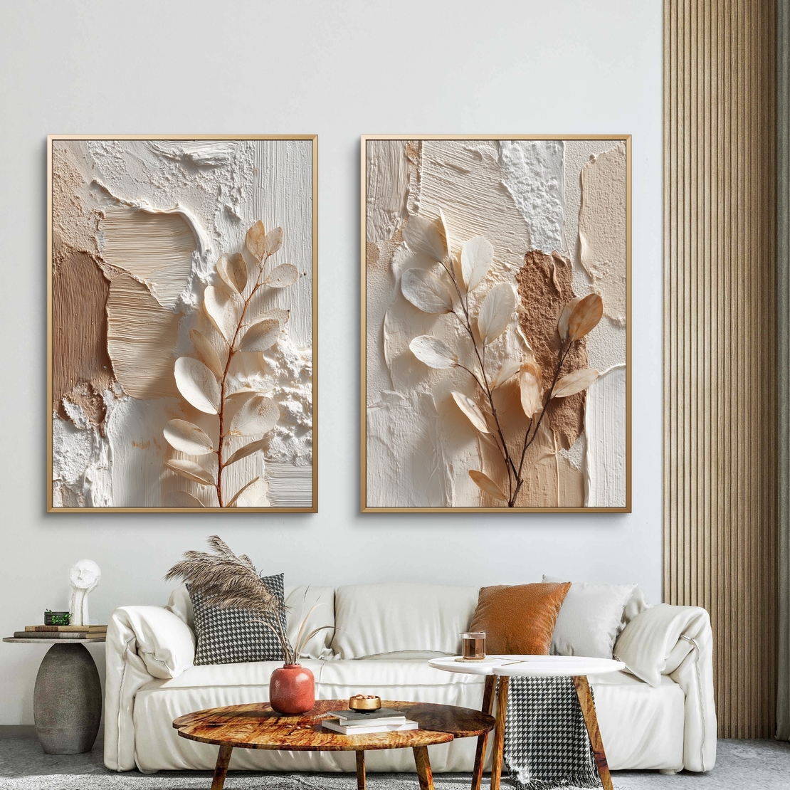 סט קנבס מודרני עם אלמנטים בוטניים בגוונים חמים