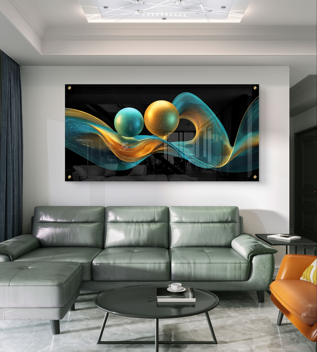 תמונת זכוכית לרוחב בעיצוב אבסטרקטי עם קווים גליים וכדורים בגווני טורקיז וזהב על רקע שחור, בהדפסה חלקה לעיצוב סלון מודרני ויוקרתי.