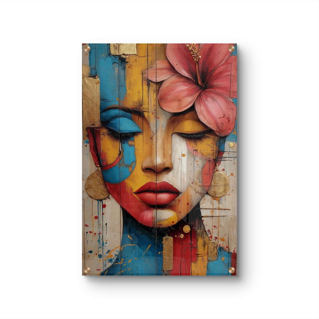 תמונת זכוכית בהדפסה חלקה של דיוקן נשי צבעוני עם פרח, בגווני אדום, כחול, צהוב ונגיעות זהב.