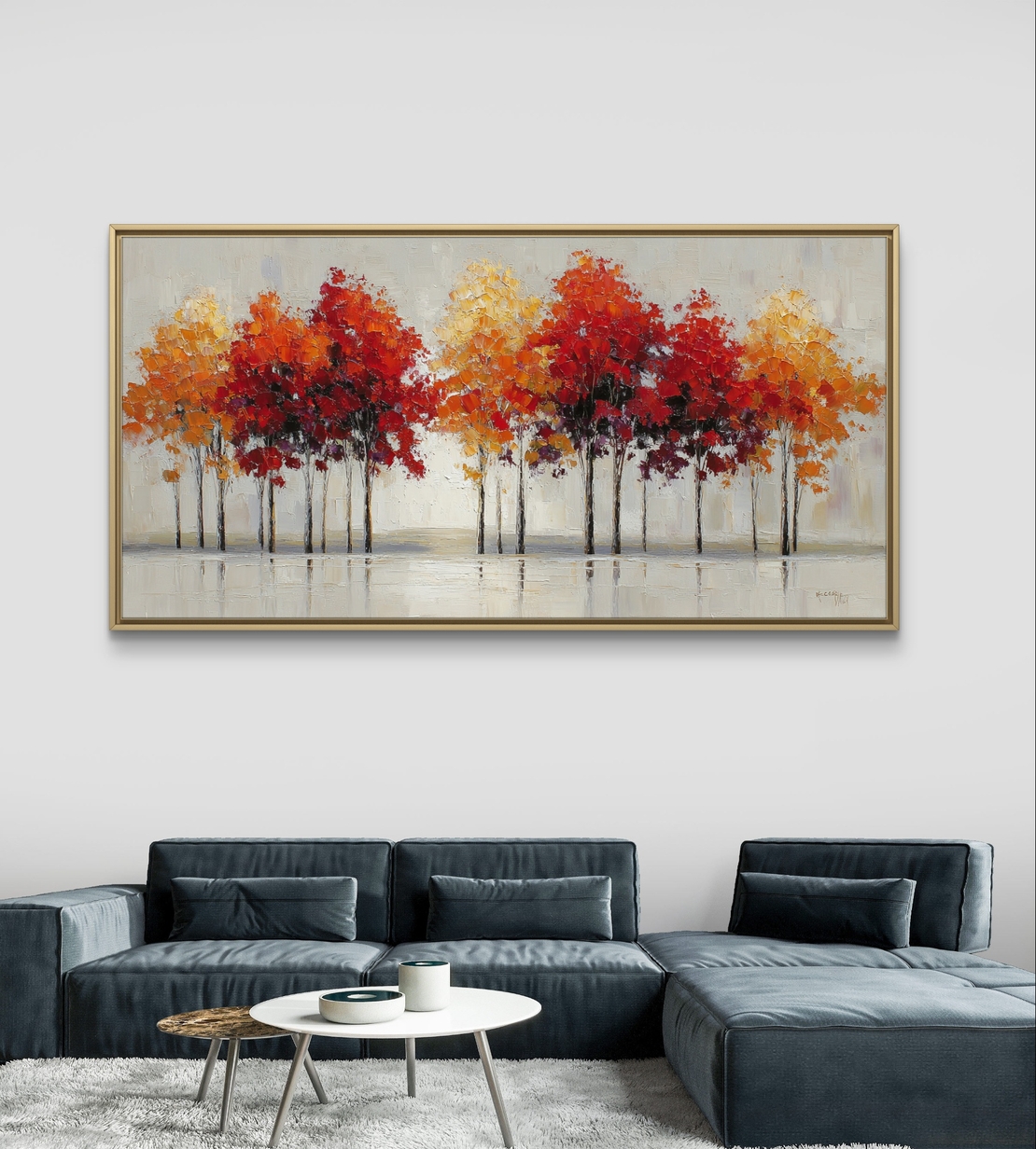 תמונת קנבס לרוחב עם שדרת עצים בגווני אדום כתום וזהב לעיצוב הבית