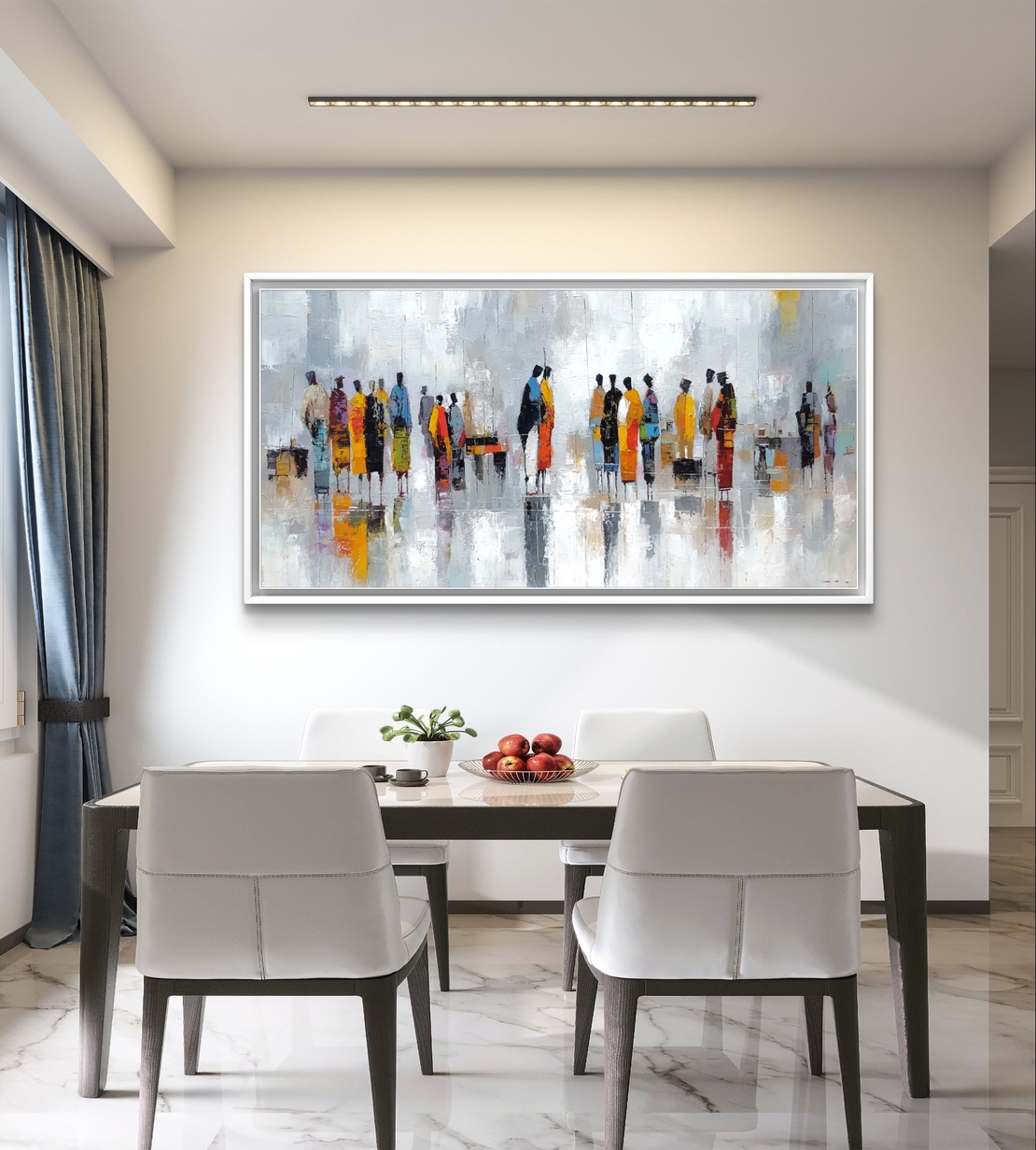 תמונת קנבס לרוחב עם דמויות אבסטרקטיות בצבעים חמים וסגנון מודרני