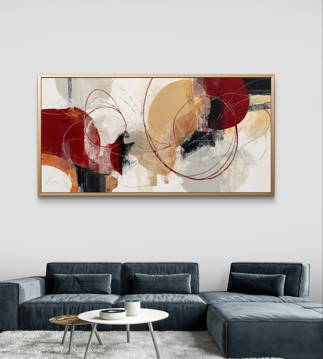 תמונת קנבס לרוחב בסגנון אבסטרקט עם מעגלים וקווים עדינים בגוונים חמים של אדום, בז’ וחרדל, לעיצוב סלון מודרני