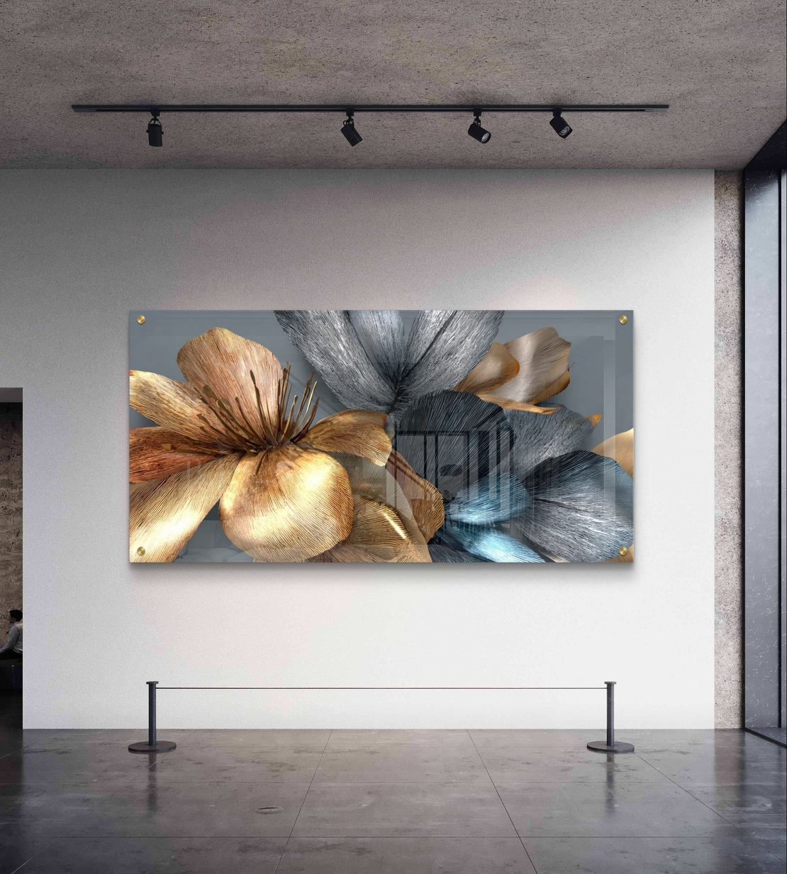 תמונת זכוכית רוחבית עם פרחים מטאליים בגווני זהב, נחושת וכסף – תכשיט לבית