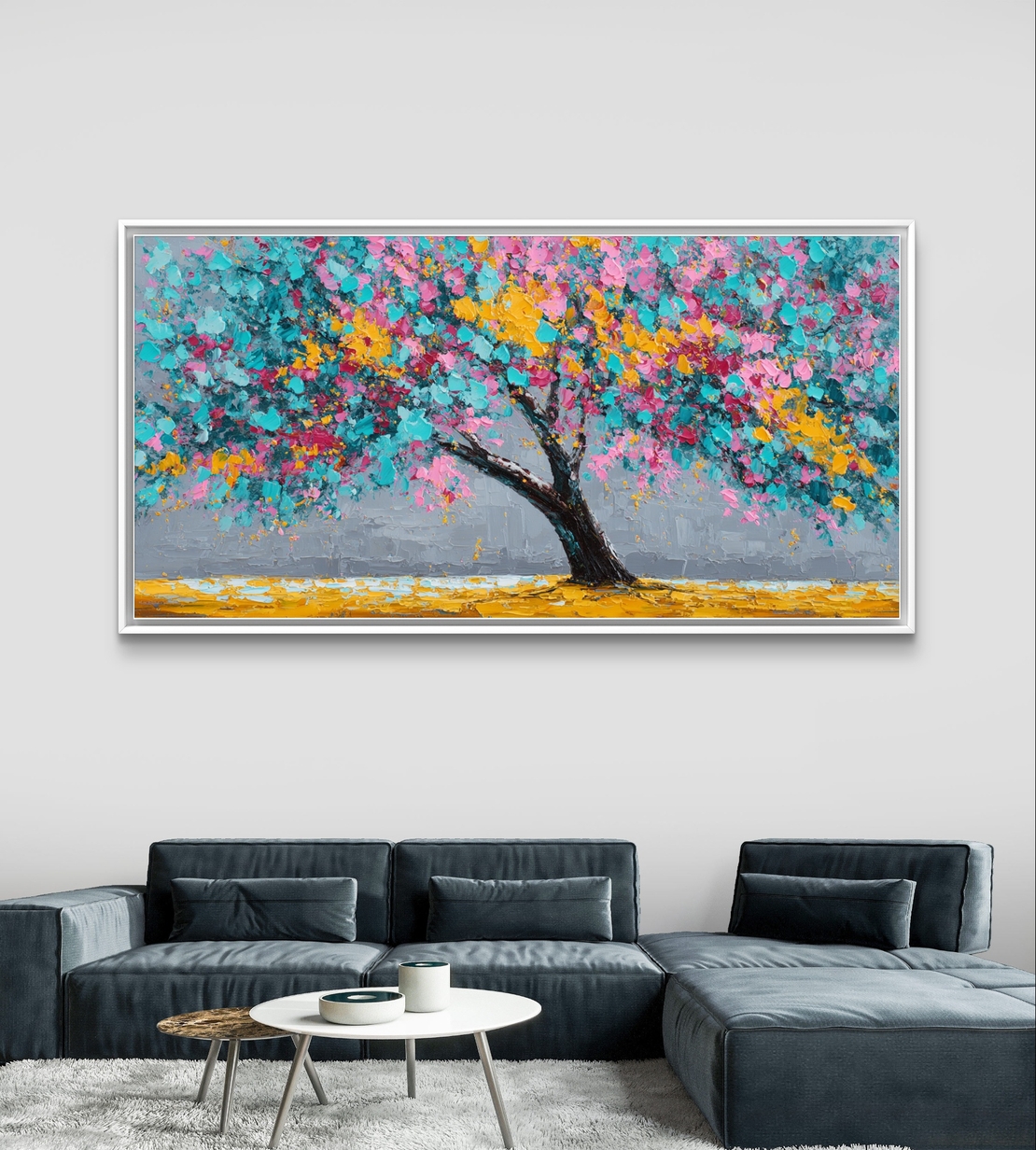 תמונת קנבס של עץ צבעוני עם פריחה בגווני טורקיז, ורוד וצהוב
