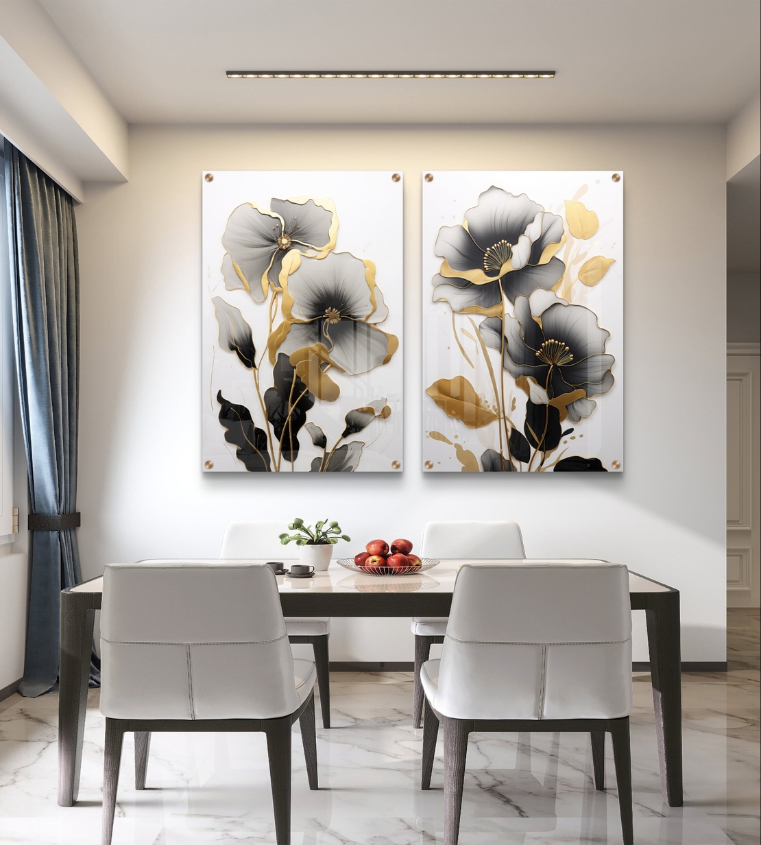 תמונת זכוכית זוגית של פרחים בגווני שחור, אפור וזהב בעיצוב אלגנטי ויוקרתי