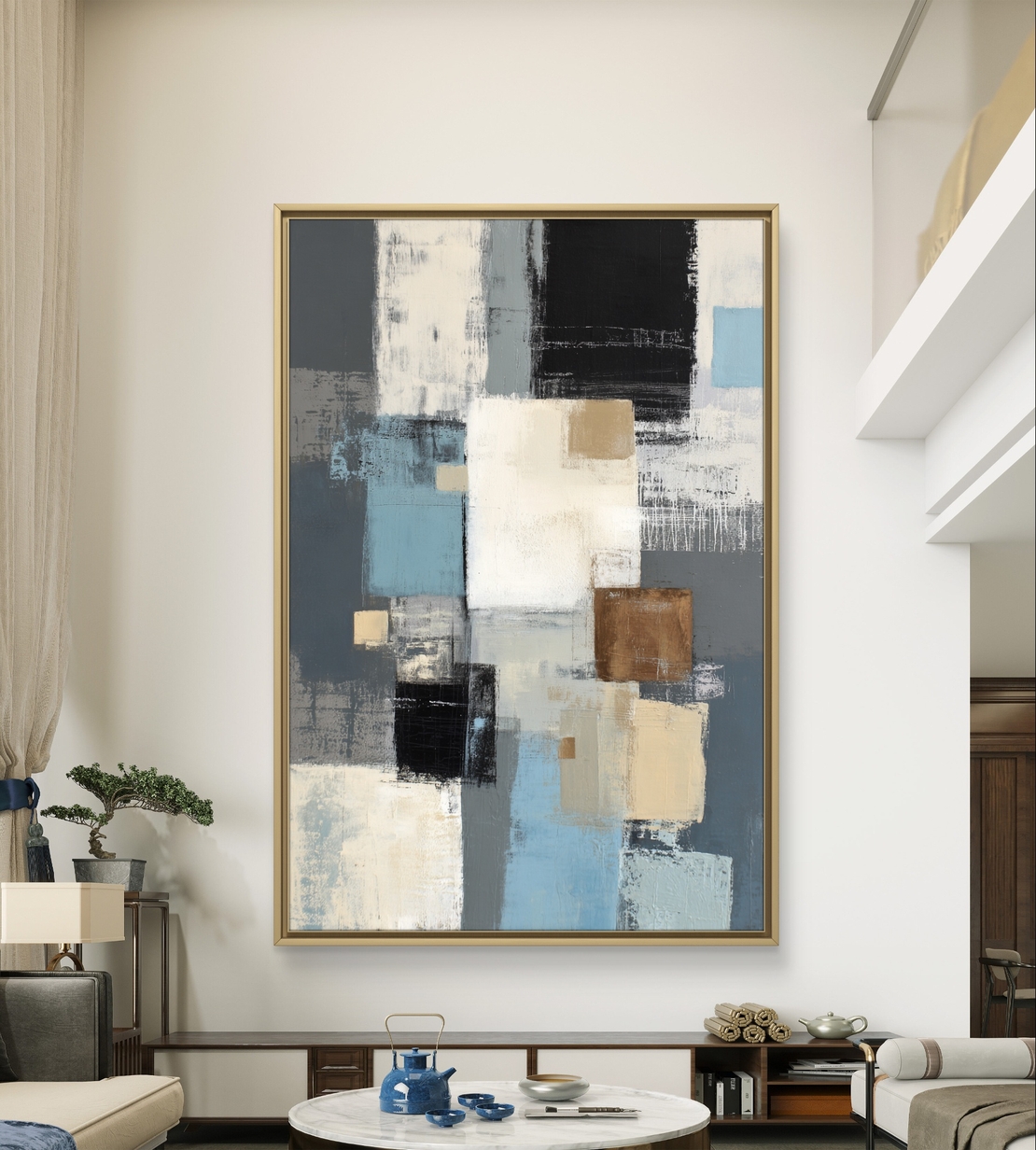 קנבס מודרני לסלון עם בלוקים גיאומטריים בצבעים רגועים