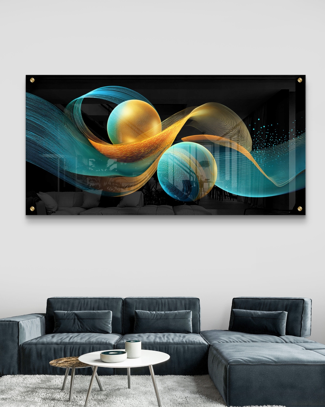 תמונת זכוכית לרוחב עם כדורים מוזהבים ותנועת גלים בגווני תכלת וזהב – תכשיט לבית