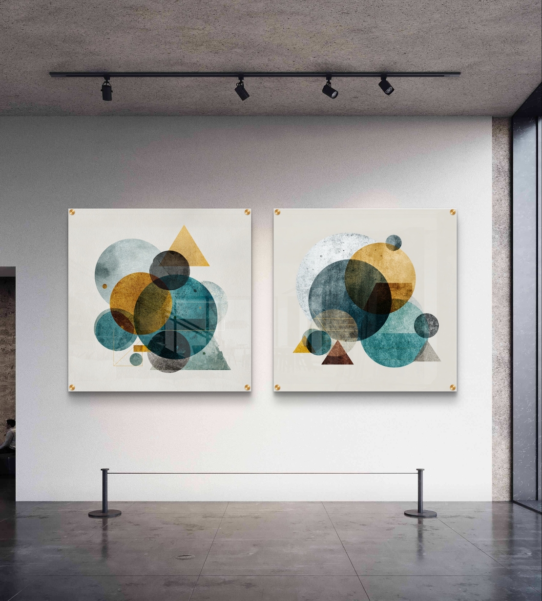 סט תמונות זכוכית מרובעות בגווני טורקיז וחרדל עם צורות גאומטריות — תכשיט לבית