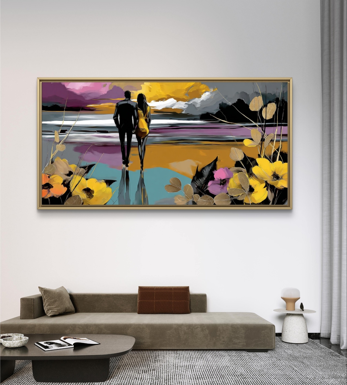תמונת קנבס פנורמית של זוג צועד בשקיעה צבעונית