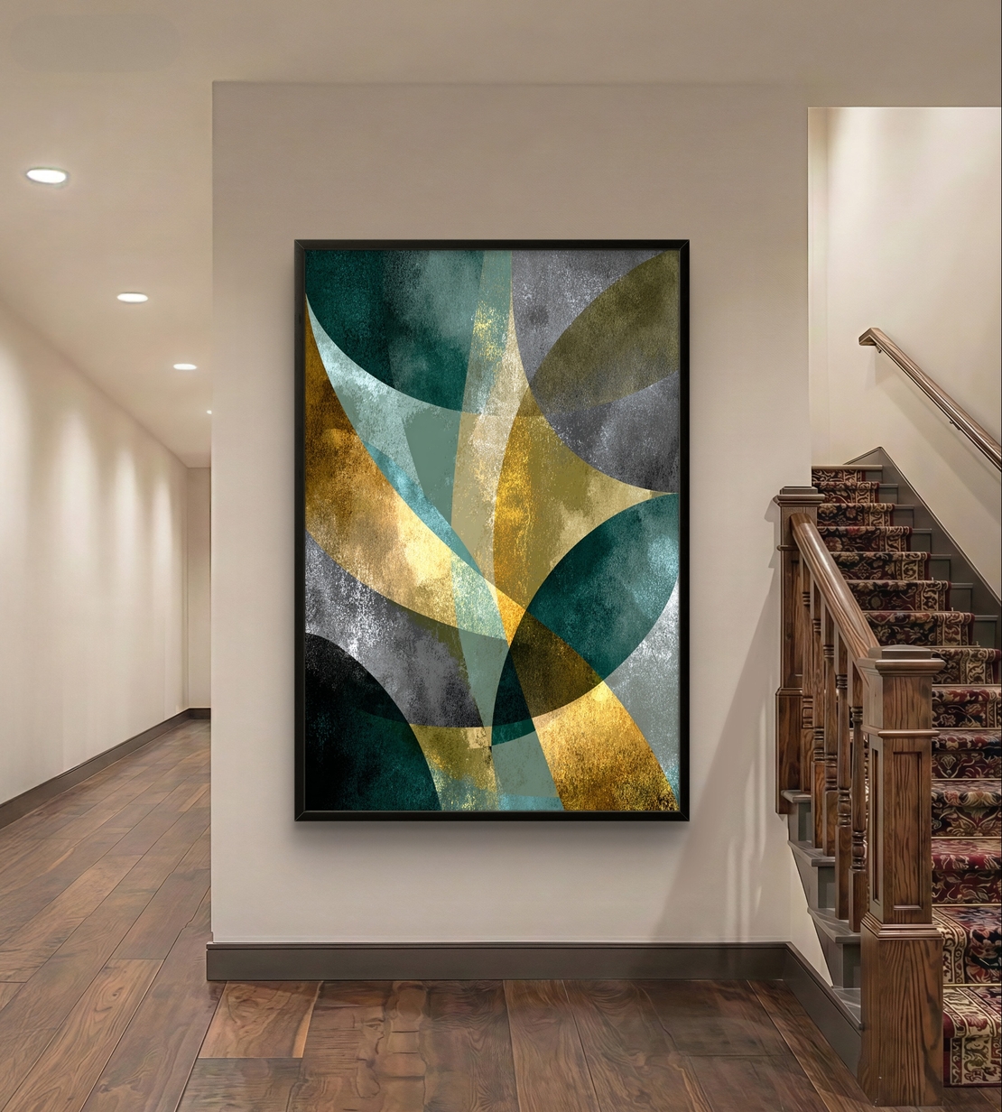 קימורים בטורקיז וזהב – תמונת קנבס אבסטרקט גיאומטרית בגווני ירוק, זהב ואפור | DC4471