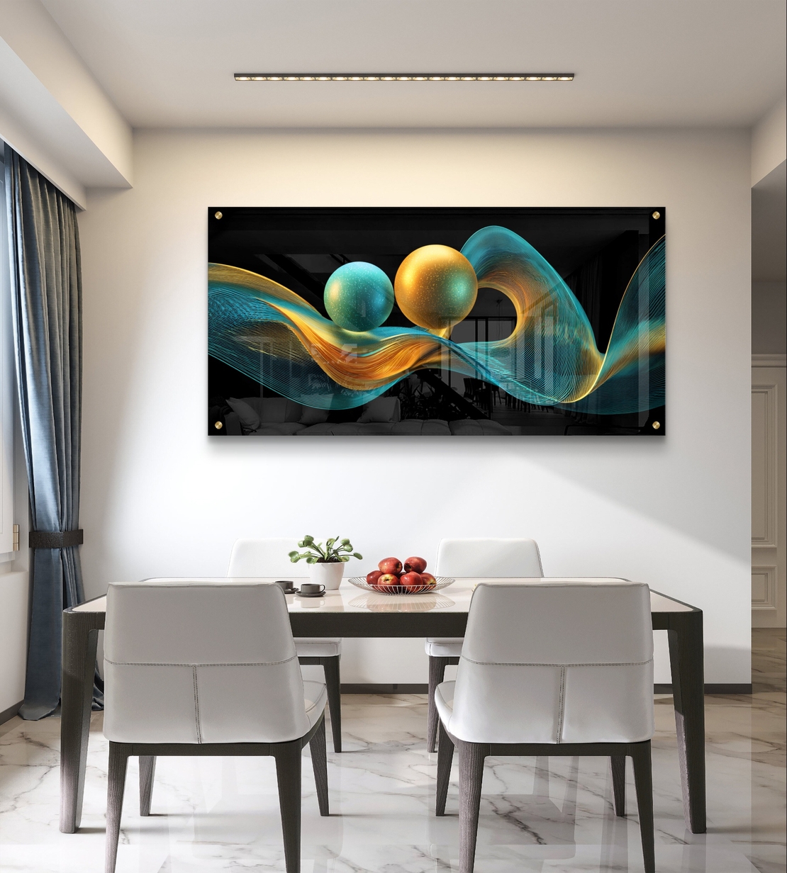 תמונת זכוכית לרוחב בעיצוב אבסטרקטי עם קווים גליים וכדורים בגווני טורקיז וזהב על רקע שחור, בהדפסה חלקה לעיצוב סלון מודרני ויוקרתי.