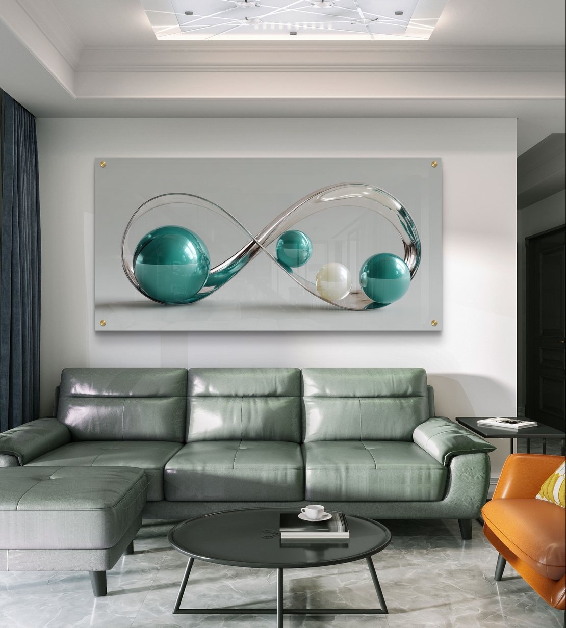 תמונת זכוכית לרוחב עם עיצוב אינסוף וכדורים בגווני טורקיז ושמנת