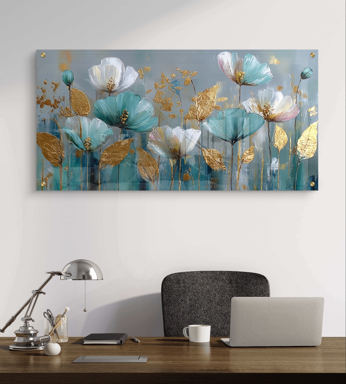 תמונת זכוכית לרוחב עם פרחים בגווני טורקיז ולבן ונגיעות זהב בעיצוב אלגנטי