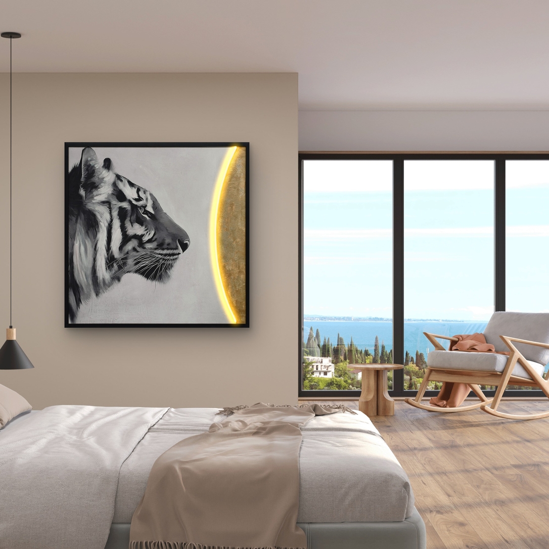 תמונת LED טיגריס מונוכרומטי עם אלמנט זהב – הדפס משודרג עם מריחות צבע, מופעלת על סוללות עם שלט רחוק מידה 83*83 ס