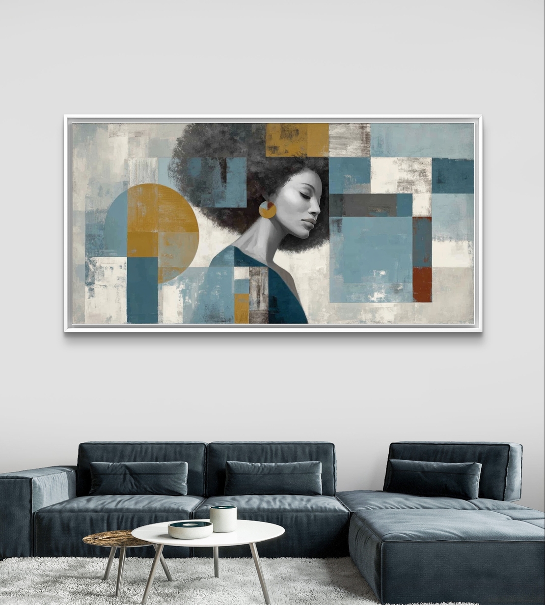 תמונת קנבס של דיוקן אישה עם רקע גיאומטרי בגווני כחול וזהב