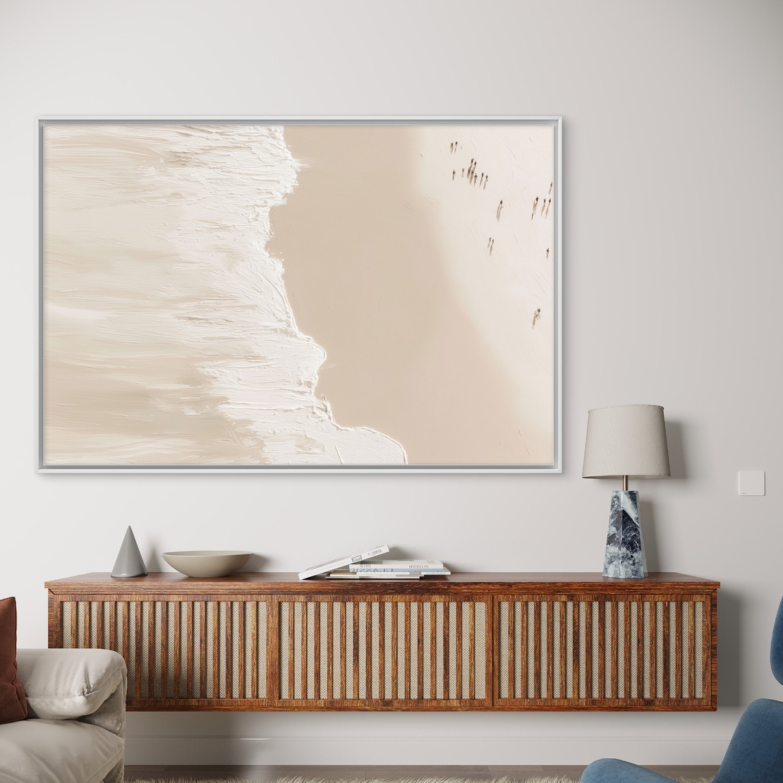 תמונת קנבס של חוף בצבעי שמנת עם גלים לבנים מודפסים בהדפסה חלקה ללא תבליט – NEXTGEN BY BAR