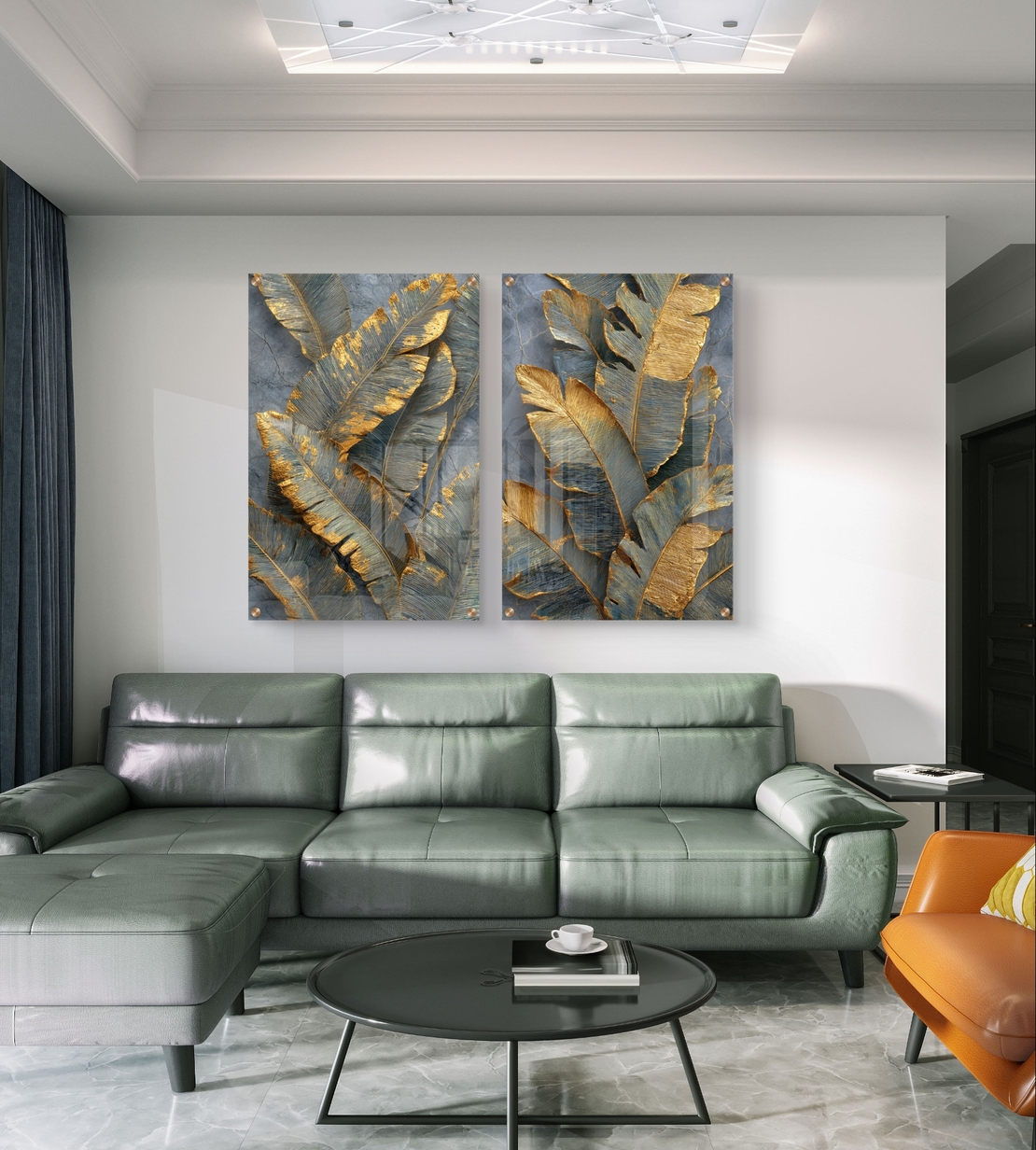 תמונת זכוכית זוגית עם עלים בגווני אפור וזהב בהדפסה חלקה יוקרתית