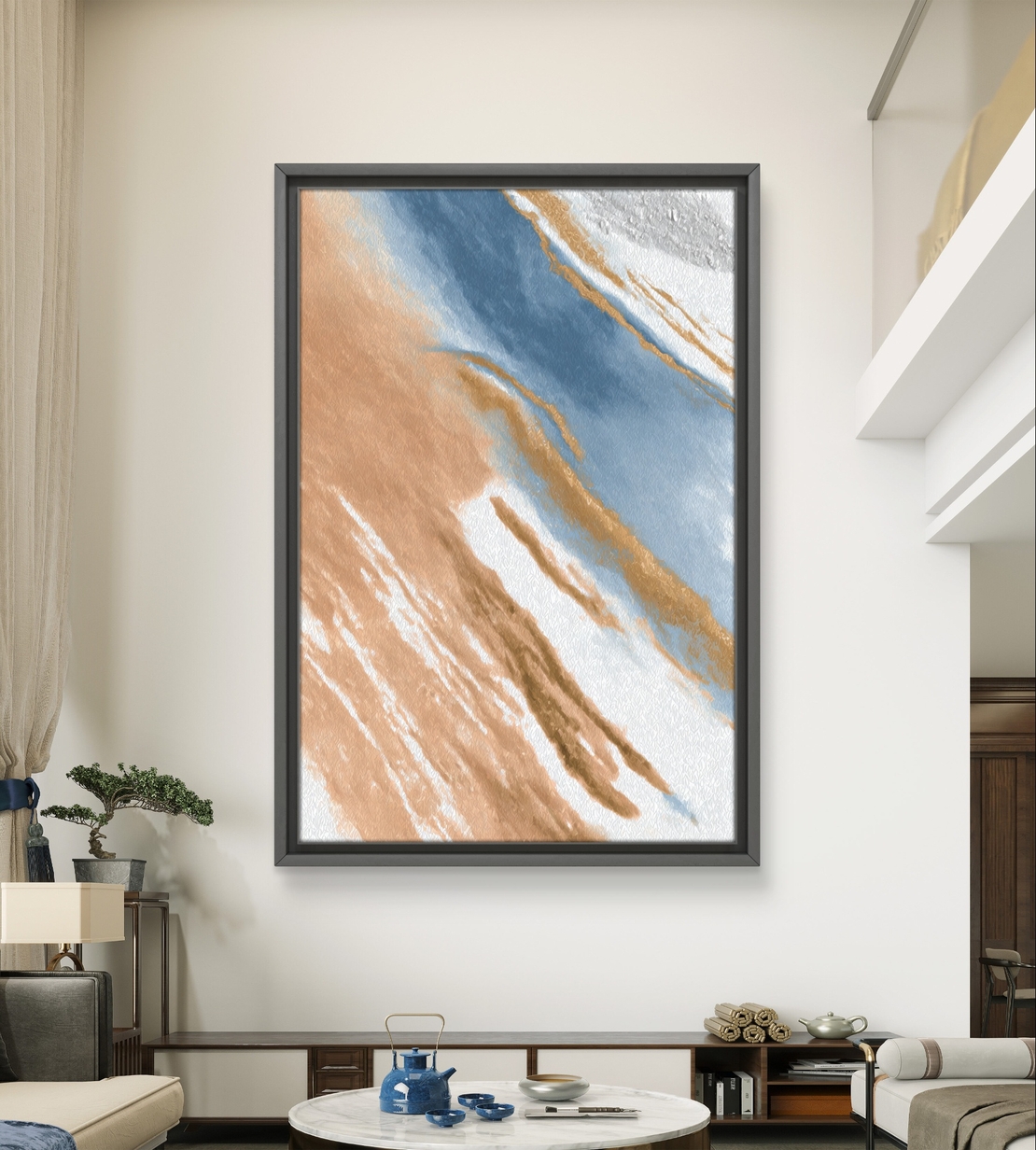 תמונת קנבס מופשטת בגווני חום, כחול ולבן בהדפסה חלקה וללא תבליט – תכשיט לבית