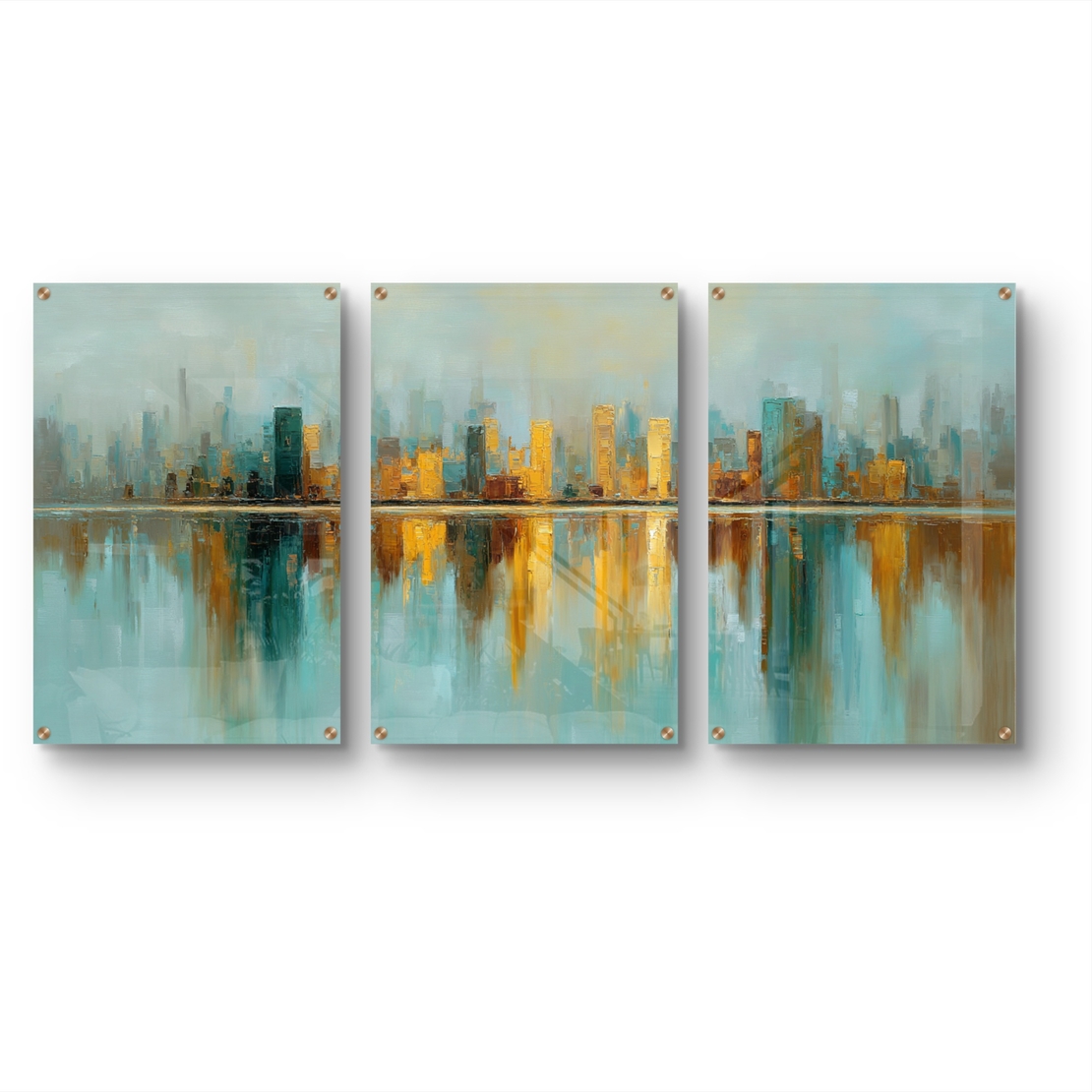 סט שלישייה של תמונות זכוכית אבסטרקטיות עם קו־רקיע עירוני בגווני תכלת וזהב והשתקפות מים
