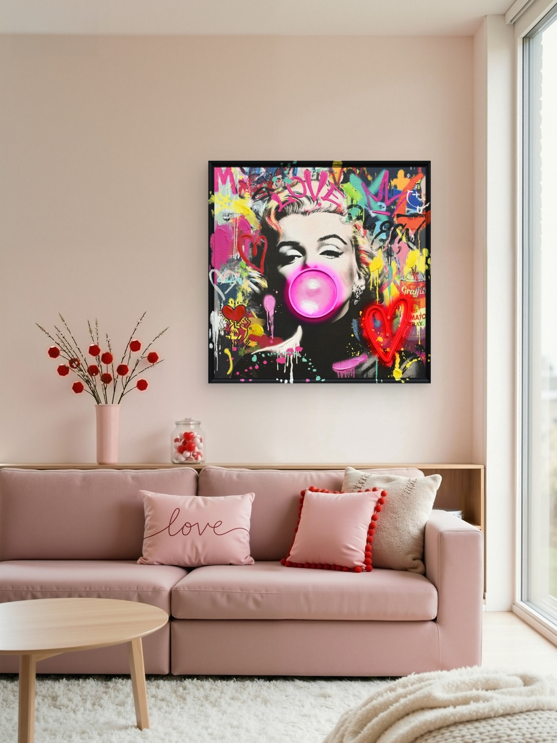 תמונת LED מרילין מונרו עם מסטיק ולב ניאון – הדפס משודרג עם מריחות צבע, מופעלת על סוללות עם שלט רחוק מידה 83*83 ס
