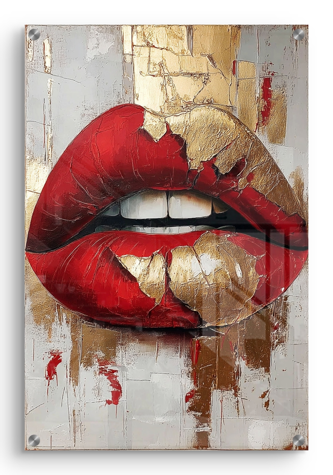 תמונת זכוכית עם שפתיים אדומות ונגיעות זהב בעיצוב מודרני, נועז ויוקרתי לקיר הבית