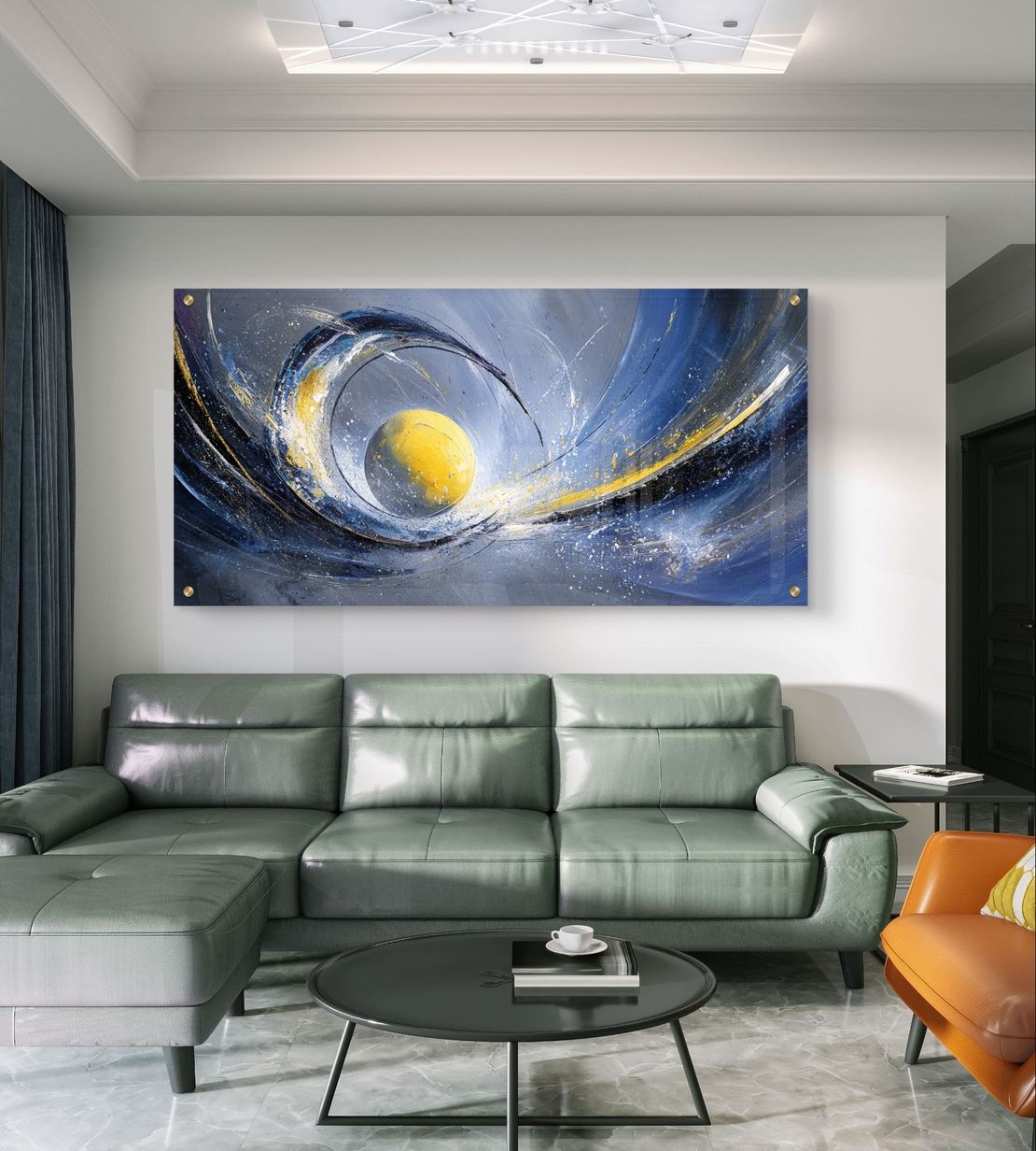 תמונת זכוכית לרוחב אבסטרקטית בגווני כחול וזהב עם ליבה זוהרת לעיצוב סלון מודרני