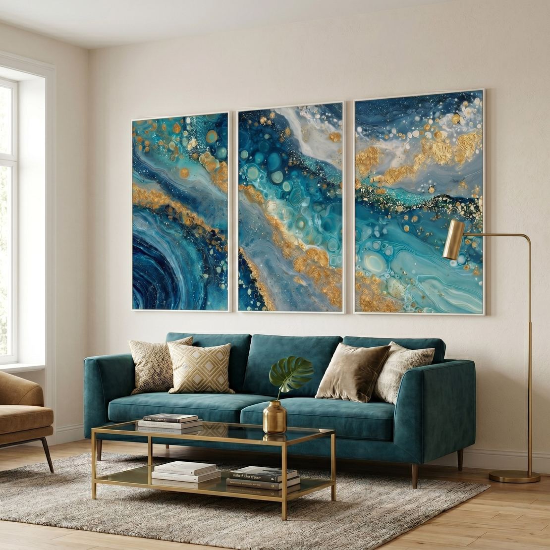 שלשת תמונות קנבס אבסטרקטיות בגווני טורקיז, כחול וזהב – דגם TA1361