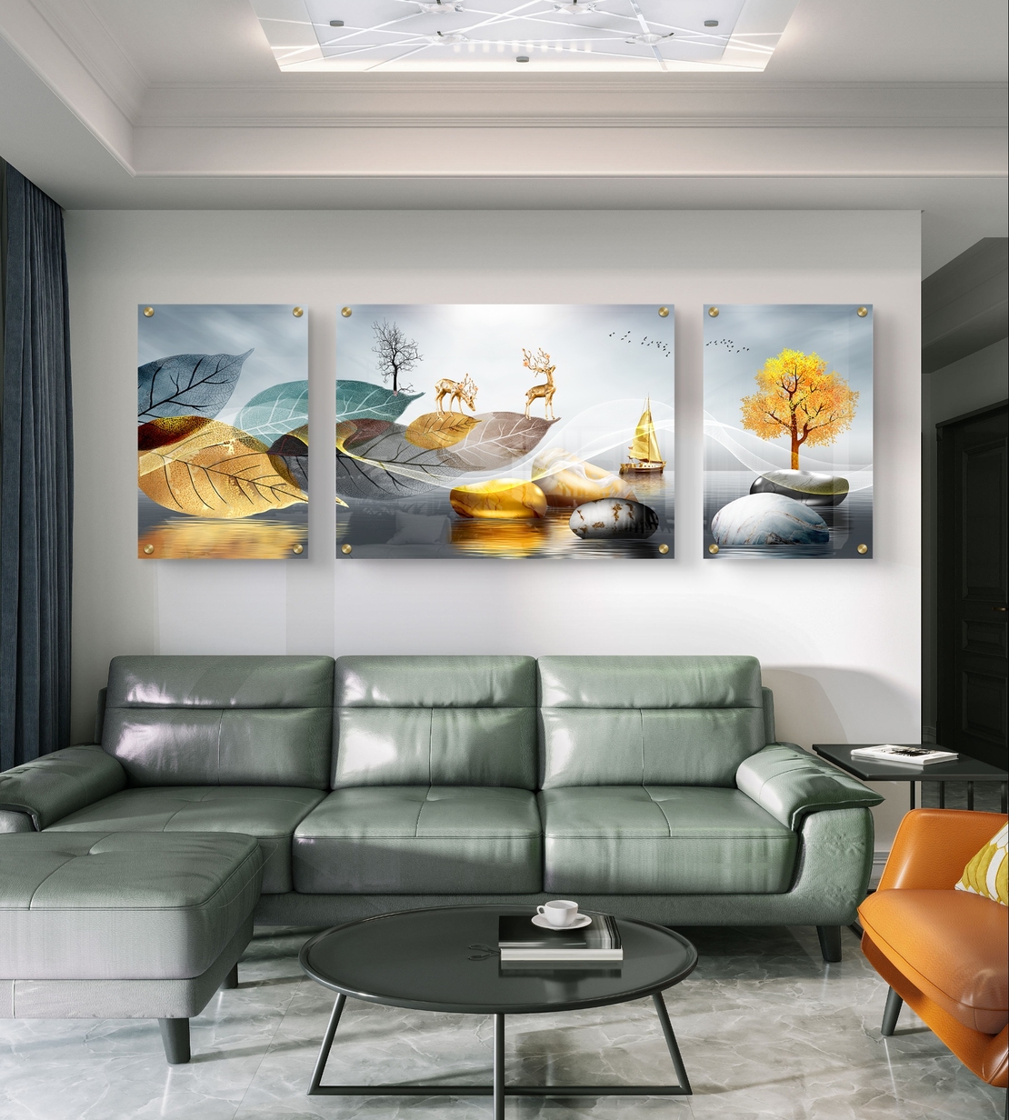 תמונת זכוכית מחולקת עם עלים מוזהבים, איילים, עץ וסירה בעיצוב טבעי מודרני