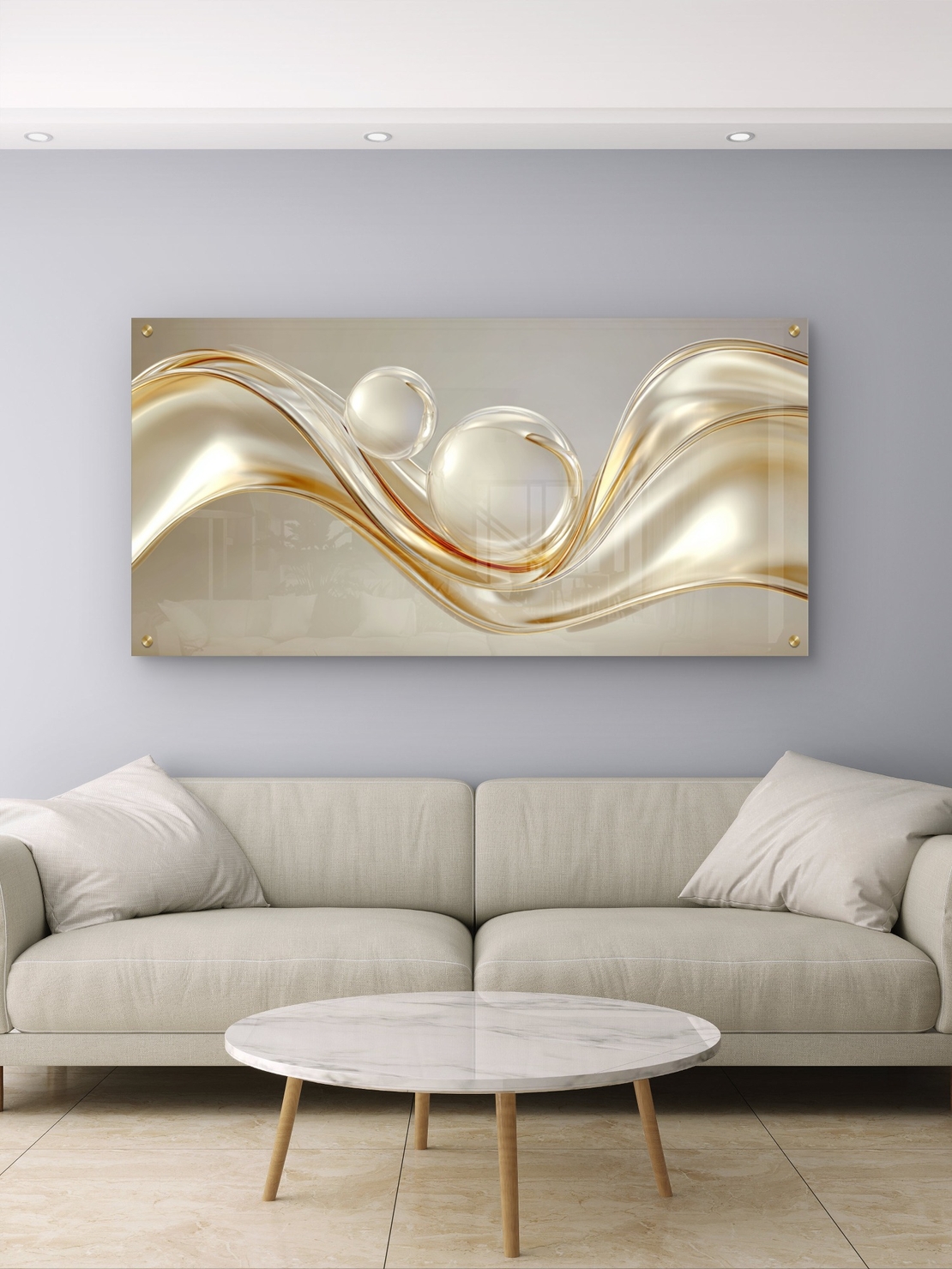 תמונת זכוכית לרוחב עם גלים מוזהבים ואלמנטים עגולים בעיצוב מודרני ויוקרתי מתוך קולקציית תכשיט לבית.