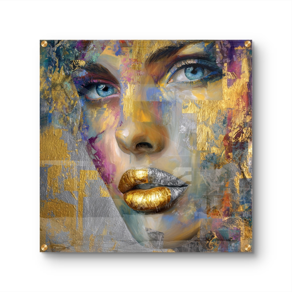 תמונת זכוכית מרובעת של דיוקן נשי עם מבט כחול ושפתיים זהובות בעיצוב אבסטרקטי יוקרתי