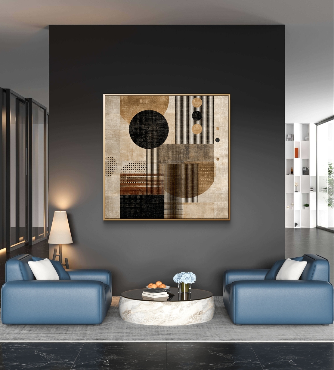 תמונת קיר גיאומטרית אלגנטית בבז׳, שחור וחום לעיצוב מודרני ונקי