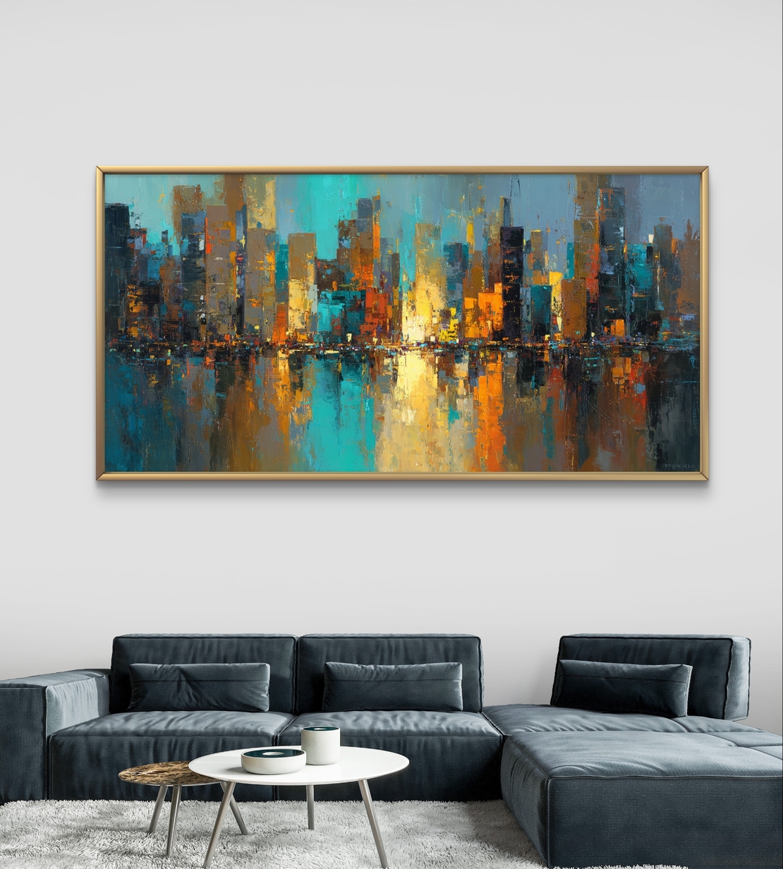 תמונת קנבס אבסטרקטית לרוחב עם קו רקיע עירוני והשתקפות מים בגווני כחול, טורקיז וזהב