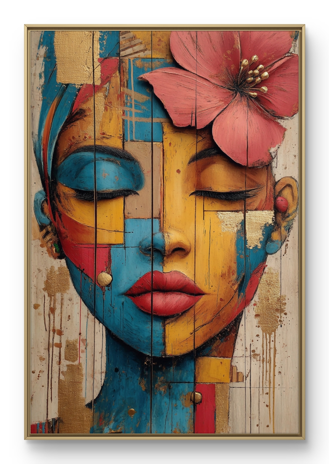 דיוקן נשי אומנותי עם עיניים עצומות ופרח בשיער בגווני טורקיז, זהב ואדמה מודפס על קנבס איכותי