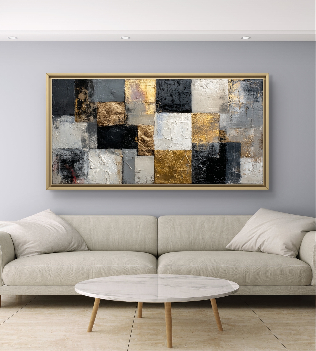 תמונת קנבס לרוחב בסגנון פסיפס מודרני בגווני שחור אפור ולבן עם פרטי זהב – תכשיט לבית