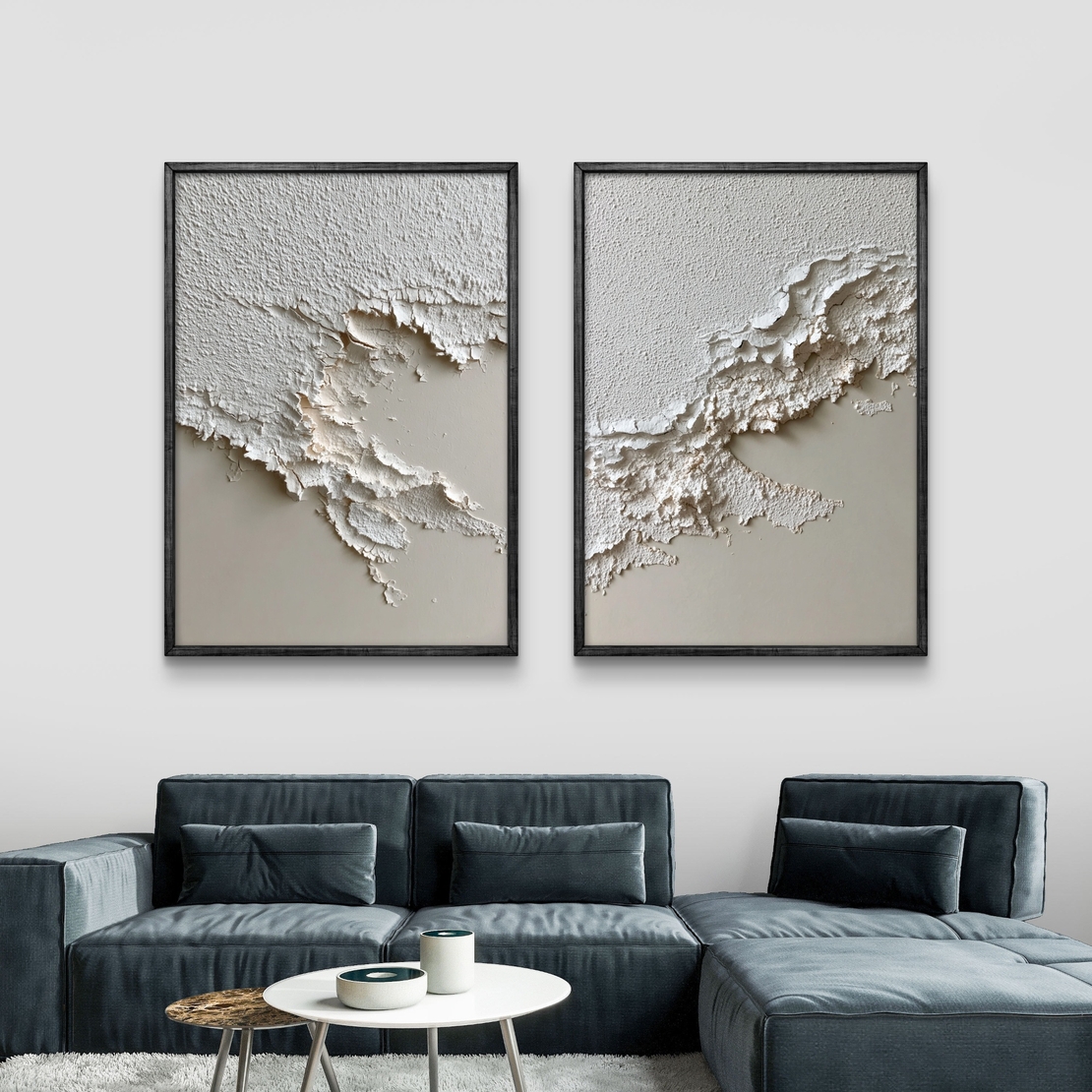 תמונת קנבס זוגית מינימליסטית בגווני לבן ושמנת עם טקסטורה עדינה ומראה רגוע