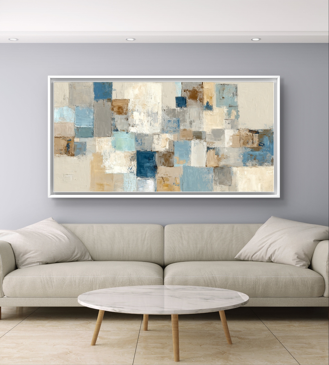 תמונת קנבס אבסטרקטית בגווני תכלת, בז' ואפור – תכשיט לבית